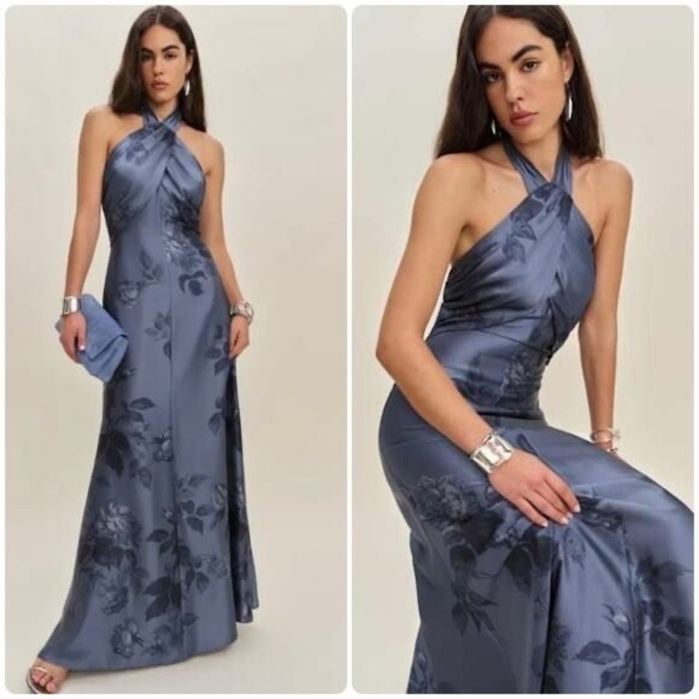 New Reformation Veria Silk Maxi Dress Blue Floral Jacquard Halter Gown